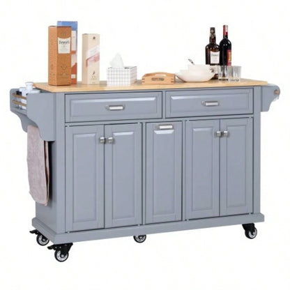 Kitchen Island with Rubber wood Countertop, Kitchen Cart on 5 Wheels with Storage Cabinet and 2 Top Drawers and A center double layered storage drawer Dinning Room,