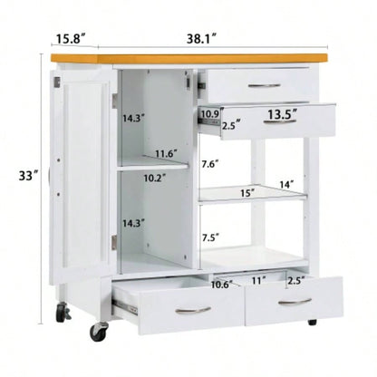 Kitchen Island Cart with walnut wood Top, Rolling Storage Cabinet on Wheels with Drawers, Sideboard Buffet with Towel Bar, White