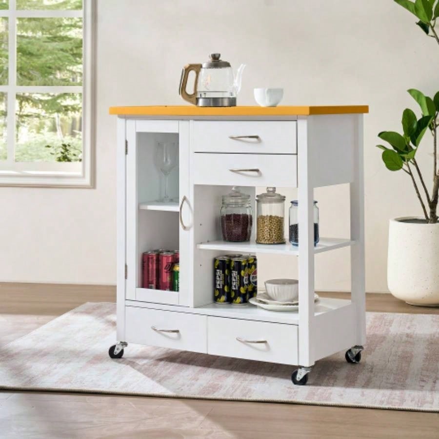 Kitchen Island Cart with walnut wood Top, Rolling Storage Cabinet on Wheels with Drawers, Sideboard Buffet with Towel Bar, White