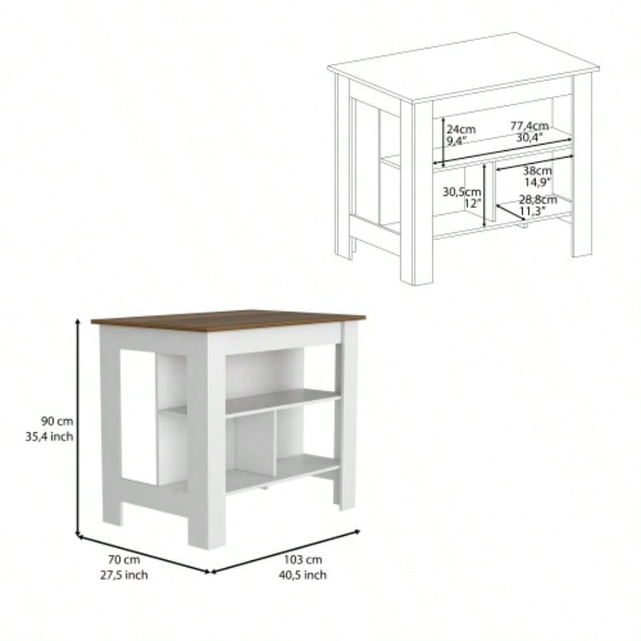 Kitchen Island Dozza, Three Shelves, White/ Walnut