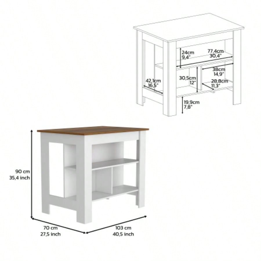 Kitchen Island Dozza, Three Shelves, White/ Walnut
