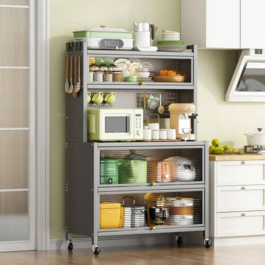 64 Kitchen Pantry Storage Cabinet, 5 Tier Metal Storage Cabinet with Wheels, Transparent Flap Door Hole Board, Kitchen Storage Bakers Rack, Kitchen, Living Room and Dining Room, Gray