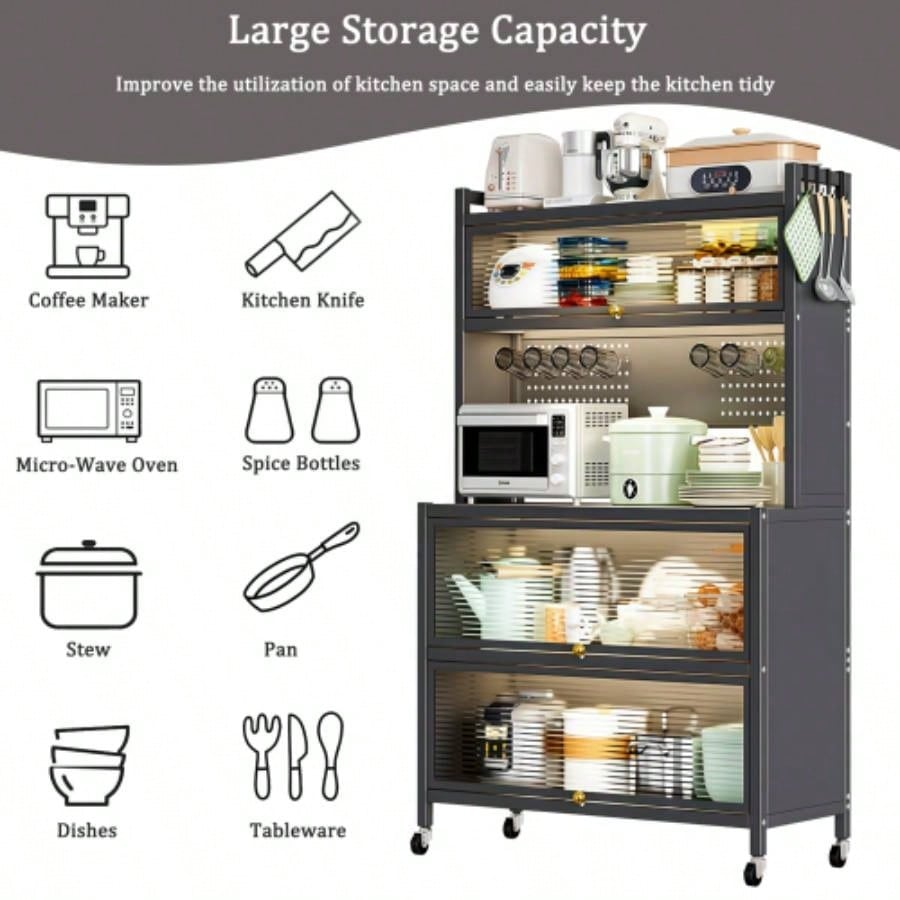 64 Kitchen Pantry Storage Cabinet, 5 Tier Metal Storage Cabinet with Wheels, Transparent Flap Door Hole Board, Kitchen Storage Bakers Rack, Kitchen, Living Room and Dining Room, Gray
