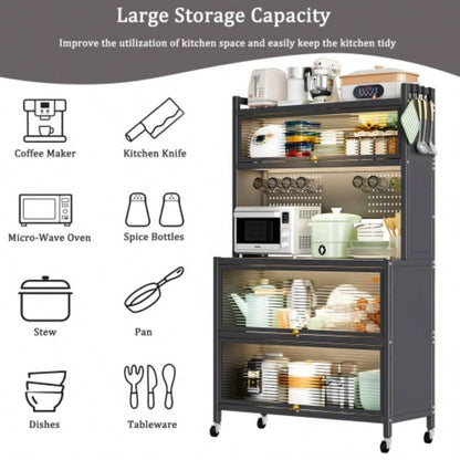 64 Kitchen Pantry Storage Cabinet, 5 Tier Metal Storage Cabinet with Wheels, Transparent Flap Door Hole Board, Kitchen Storage Bakers Rack, Kitchen, Living Room and Dining Room, Gray