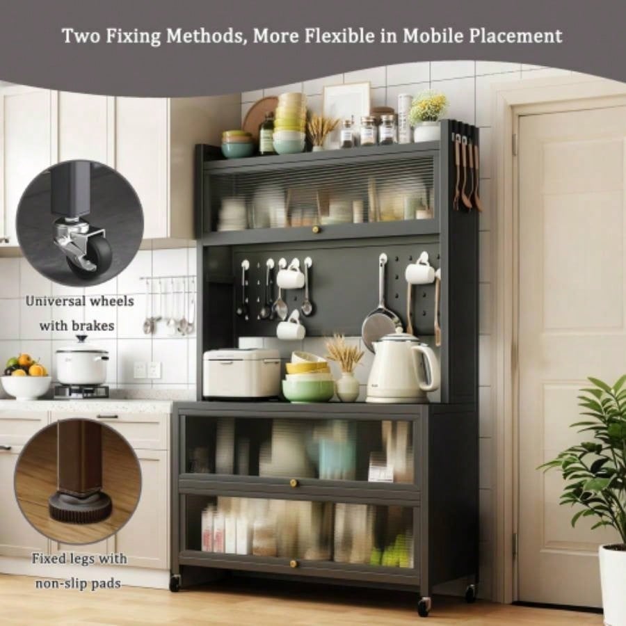 64 Kitchen Pantry Storage Cabinet, 5 Tier Metal Storage Cabinet with Wheels, Transparent Flap Door Hole Board, Kitchen Storage Bakers Rack, Kitchen, Living Room and Dining Room, Gray