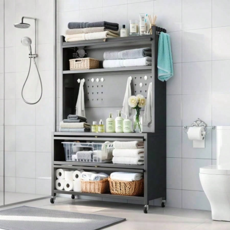 64 Kitchen Pantry Storage Cabinet, 5 Tier Metal Storage Cabinet with Wheels, Transparent Flap Door Hole Board, Kitchen Storage Bakers Rack, Kitchen, Living Room and Dining Room, Gray