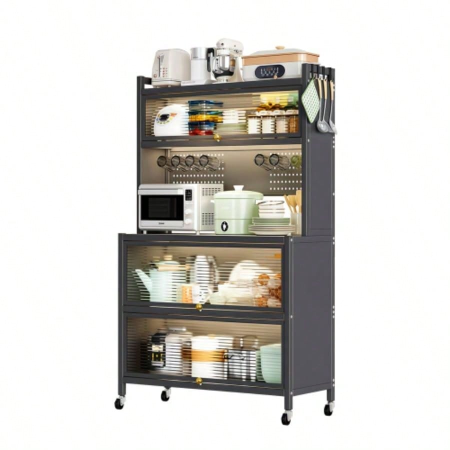64 Kitchen Pantry Storage Cabinet, 5 Tier Metal Storage Cabinet with Wheels, Transparent Flap Door Hole Board, Kitchen Storage Bakers Rack, Kitchen, Living Room and Dining Room, Gray