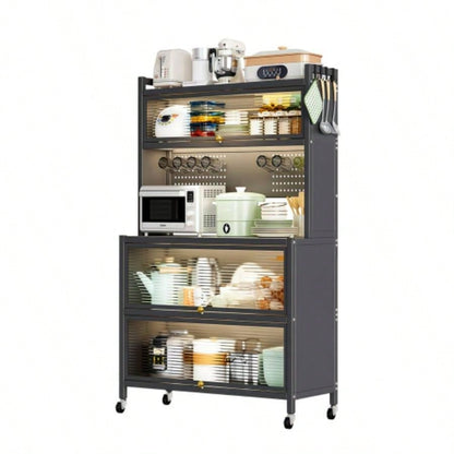 64 Kitchen Pantry Storage Cabinet, 5 Tier Metal Storage Cabinet with Wheels, Transparent Flap Door Hole Board, Kitchen Storage Bakers Rack, Kitchen, Living Room and Dining Room, Gray