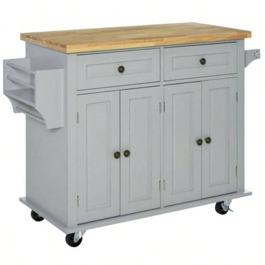 HOMCOM Kitchen Island on Wheels, Rolling Cart with Rubberwood Top, Spice Rack, Towel Rack and Drawers Dining Room,