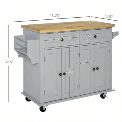 HOMCOM Kitchen Island on Wheels, Rolling Cart with Rubberwood Top, Spice Rack, Towel Rack and Drawers Dining Room,
