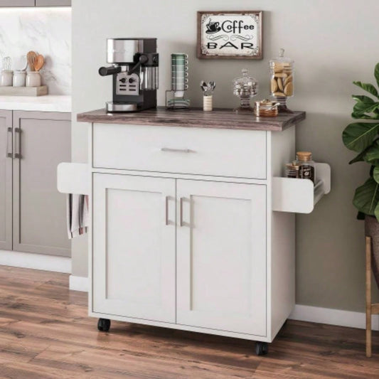 Techni Home Deluxe Mobile Kitchen Island Cart with Resistant Top, Storage Cabinets with Adjustable Shelves, and Towel Spice Rack