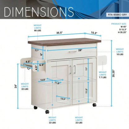 Techni Home Deluxe Mobile Kitchen Island Cart with Resistant Top, Storage Cabinets with Adjustable Shelves, and Towel Spice Rack