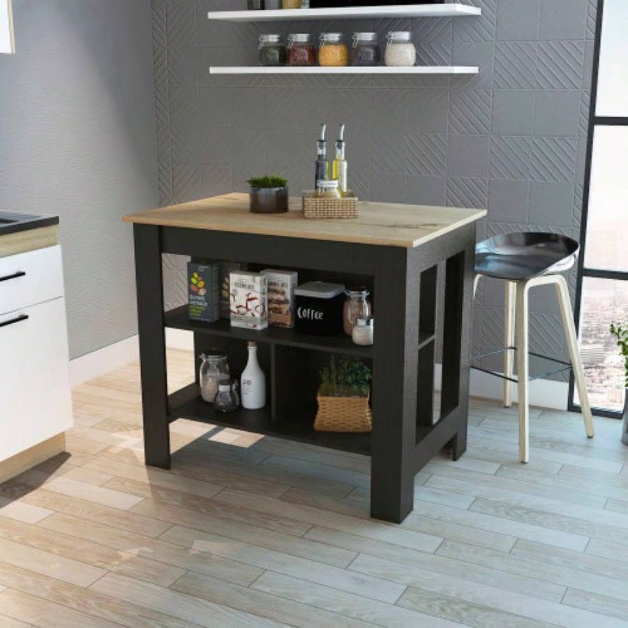 Rockaway 3 - Shelf Kitchen Island Black Wengue and Light Oak