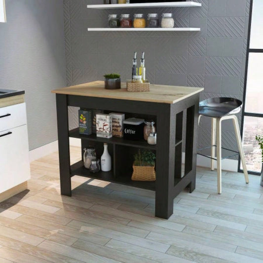 Rockaway 3 - Shelf Kitchen Island Black Wengue and Light Oak