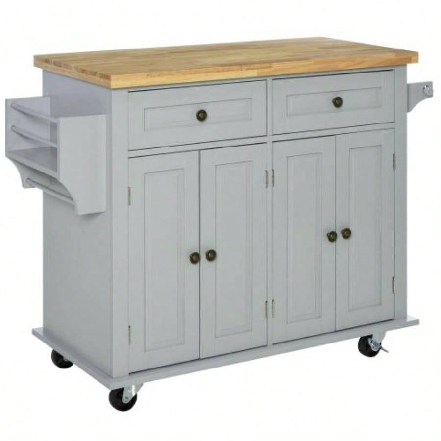 HOMCOM Kitchen Island on Wheels, Rolling Cart with Rubberwood Top, Spice Rack, Towel Rack and Drawers Dining Room,