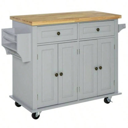 HOMCOM Kitchen Island on Wheels, Rolling Cart with Rubberwood Top, Spice Rack, Towel Rack and Drawers Dining Room,