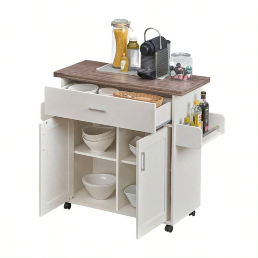 Techni Home Deluxe Mobile Kitchen Island Cart with Resistant Top, Storage Cabinets with Adjustable Shelves, and Towel Spice Rack