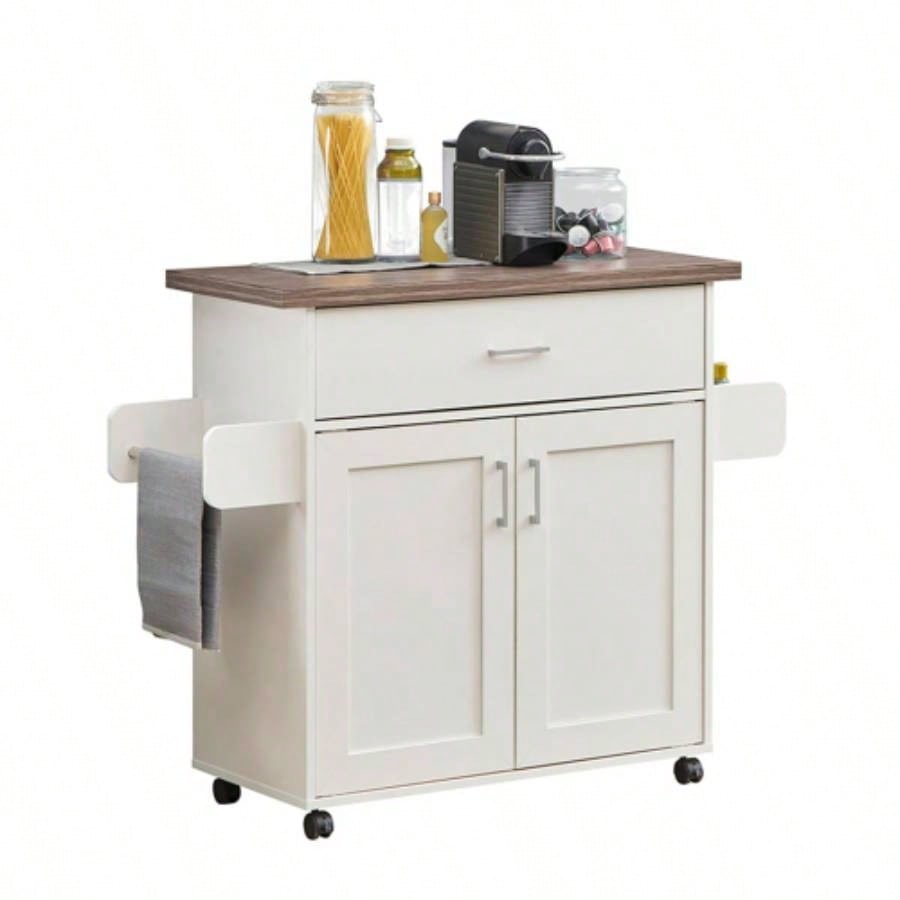 Techni Home Deluxe Mobile Kitchen Island Cart with Resistant Top, Storage Cabinets with Adjustable Shelves, and Towel Spice Rack