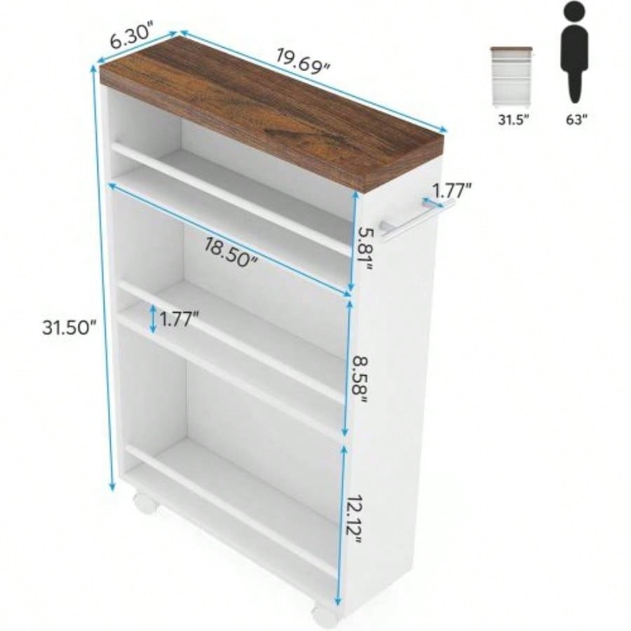 20 Slim Storage Cart - 4 - Tier Narrow Rolling Kitchen Utility Cart with Wheels Handle, Laundry Room Organizer, Slide Out Pantry Shelf Small Spaces, Bathroom - Brown White