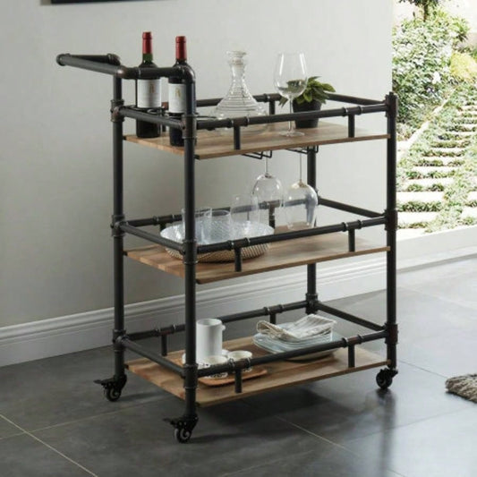 Industrial Style Antique Black Inspired Design Natural Oak 1pc Serving Cart 3 - Tier Server wheels