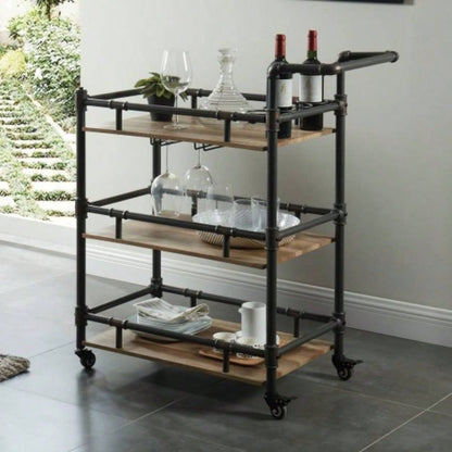Industrial Style Antique Black Inspired Design Natural Oak 1pc Serving Cart 3 - Tier Server wheels