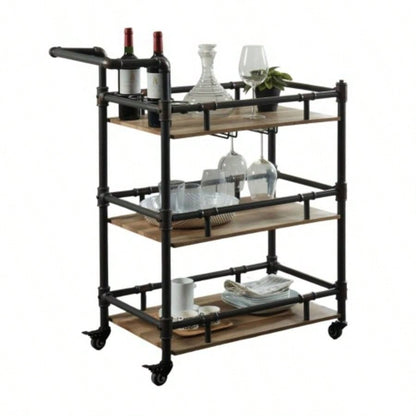 Industrial Style Antique Black Inspired Design Natural Oak 1pc Serving Cart 3 - Tier Server wheels