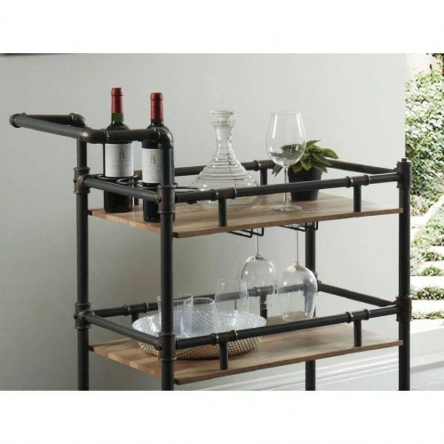Industrial Style Antique Black Inspired Design Natural Oak 1pc Serving Cart 3 - Tier Server wheels