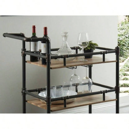Industrial Style Antique Black Inspired Design Natural Oak 1pc Serving Cart 3 - Tier Server wheels