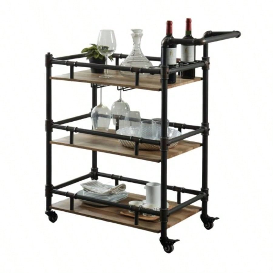 Industrial Style Antique Black Inspired Design Natural Oak 1pc Serving Cart 3 - Tier Server wheels