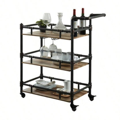 Industrial Style Antique Black Inspired Design Natural Oak 1pc Serving Cart 3 - Tier Server wheels