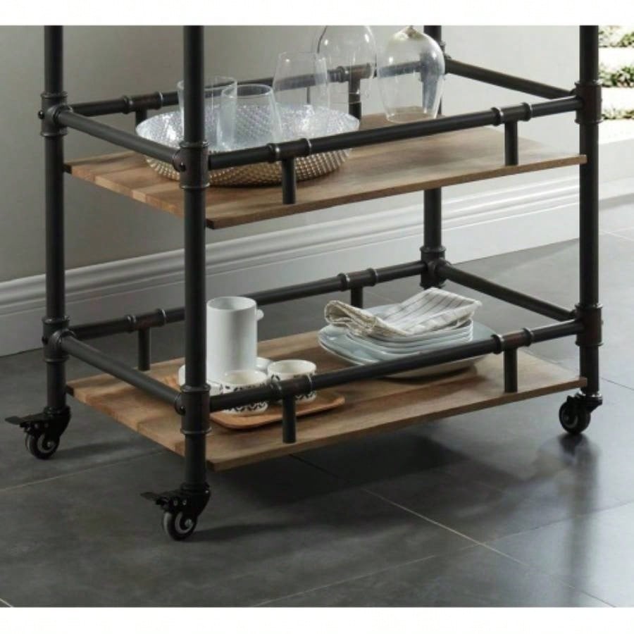 Industrial Style Antique Black Inspired Design Natural Oak 1pc Serving Cart 3 - Tier Server wheels