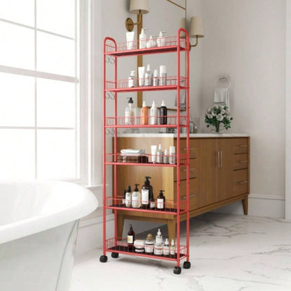Red 6 - Tier Rolling Cart Kitchen Slim Slide Out Storage Tower Rack with Wheels, 6 Baskets, Kitchen, Bathroom Laundry Narrow Piaces Utility cart