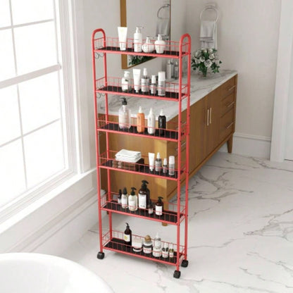 Red 6 - Tier Rolling Cart Kitchen Slim Slide Out Storage Tower Rack with Wheels, 6 Baskets, Kitchen, Bathroom Laundry Narrow Piaces Utility cart