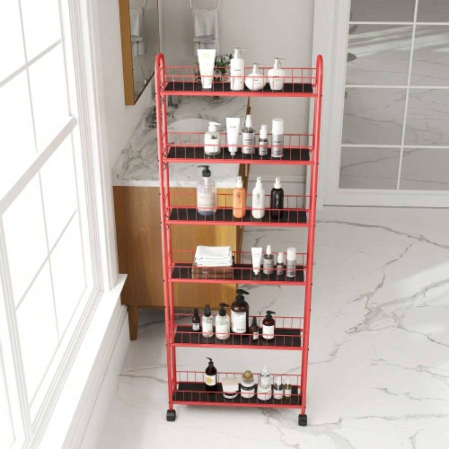 Red 6 - Tier Rolling Cart Kitchen Slim Slide Out Storage Tower Rack with Wheels, 6 Baskets, Kitchen, Bathroom Laundry Narrow Piaces Utility cart