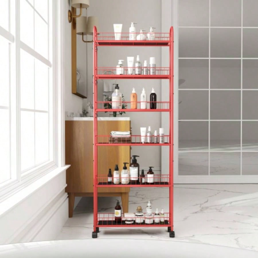 Red 6 - Tier Rolling Cart Kitchen Slim Slide Out Storage Tower Rack with Wheels, 6 Baskets, Kitchen, Bathroom Laundry Narrow Piaces Utility cart