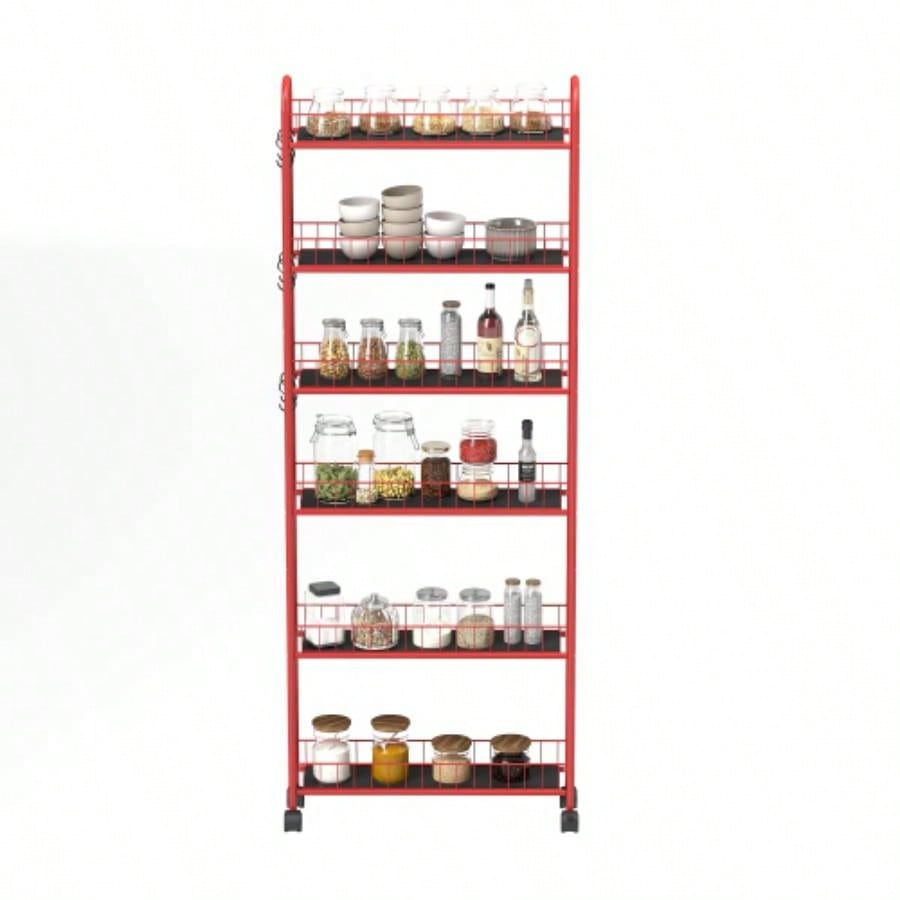Red 6 - Tier Rolling Cart Kitchen Slim Slide Out Storage Tower Rack with Wheels, 6 Baskets, Kitchen, Bathroom Laundry Narrow Piaces Utility cart