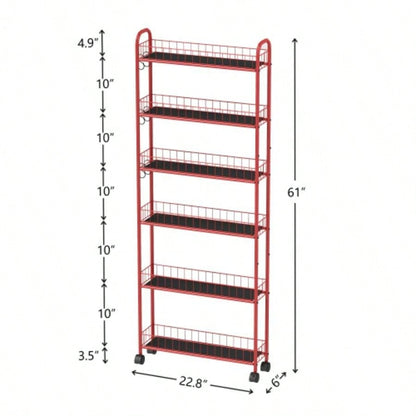 Red 6 - Tier Rolling Cart Kitchen Slim Slide Out Storage Tower Rack with Wheels, 6 Baskets, Kitchen, Bathroom Laundry Narrow Piaces Utility cart