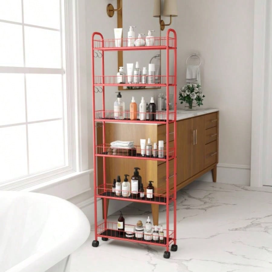 Red 6 - Tier Rolling Cart Kitchen Slim Slide Out Storage Tower Rack with Wheels, 6 Baskets, Kitchen, Bathroom Laundry Narrow Piaces Utility cart