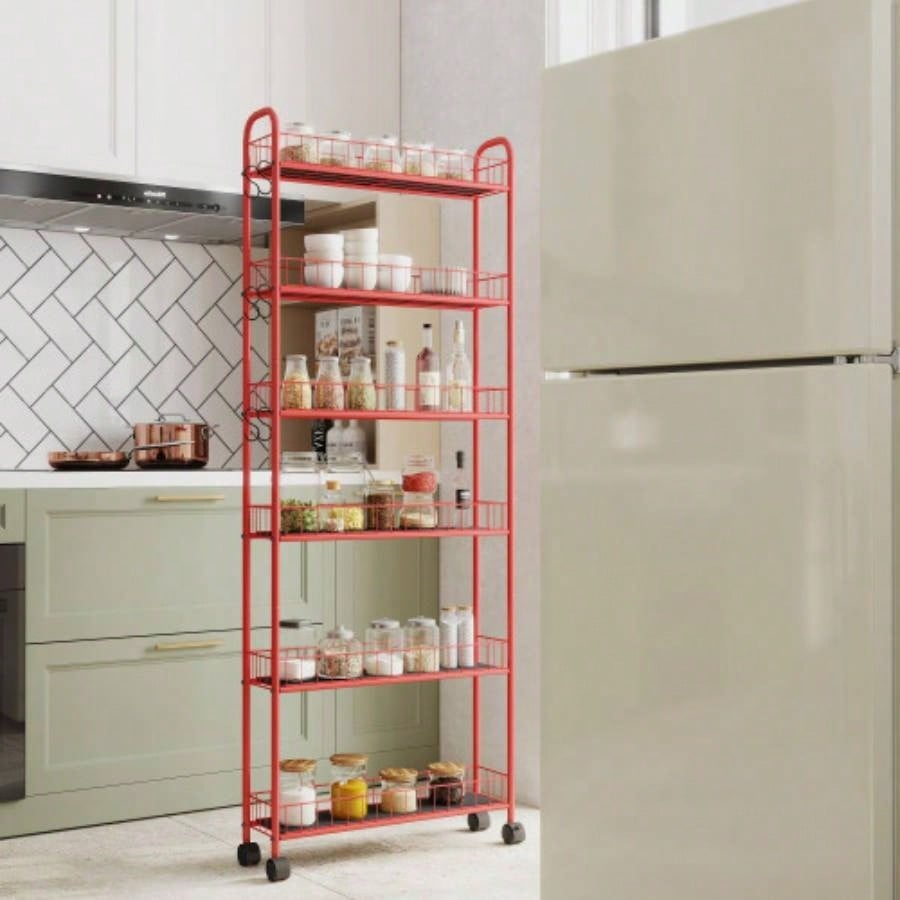 Red 6 - Tier Rolling Cart Kitchen Slim Slide Out Storage Tower Rack with Wheels, 6 Baskets, Kitchen, Bathroom Laundry Narrow Piaces Utility cart
