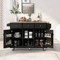 Kitchen Cart with Rubber wood Drop - Leaf Countertop, Cabinet door internal storage racks, Kitchen Island on 5 Wheels with Storage Cabinet and 3 Drawers Dinning Room, Black