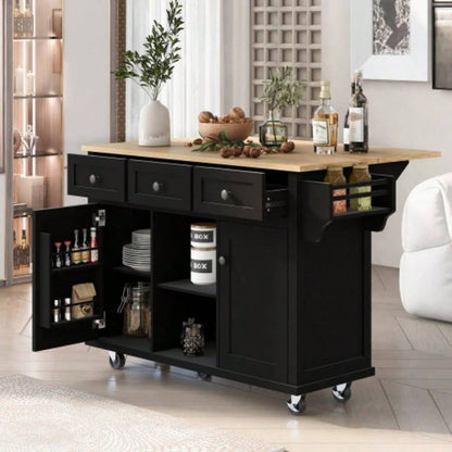 Kitchen Cart with Rubber wood Drop - Leaf Countertop, Cabinet door internal storage racks, Kitchen Island on 5 Wheels with Storage Cabinet and 3 Drawers Dinning Room, Black