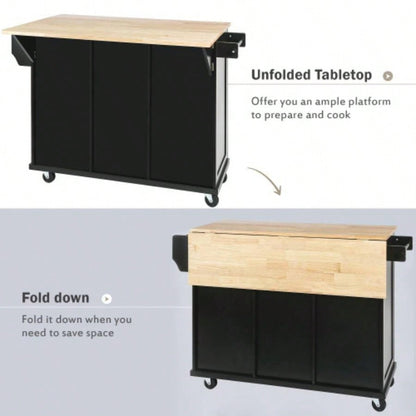 Kitchen Cart with Rubber wood Drop - Leaf Countertop, Cabinet door internal storage racks, Kitchen Island on 5 Wheels with Storage Cabinet and 3 Drawers Dinning Room, Black