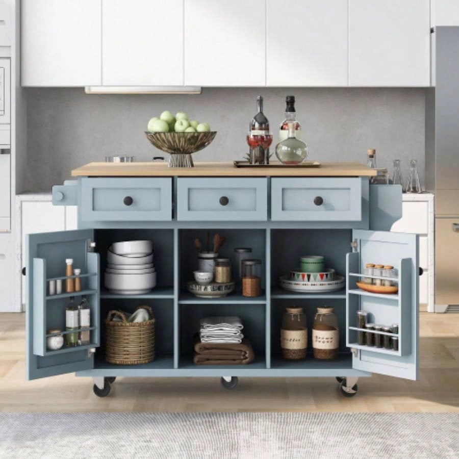 Kitchen Cart with Rubber wood Drop - Leaf Countertop, Cabinet door internal storage racks, Kitchen Island on 5 Wheels with Storage Cabinet and 3 Drawers Dinning Room, Blue