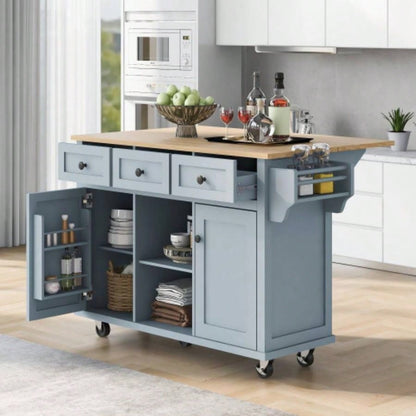 Kitchen Cart with Rubber wood Drop - Leaf Countertop, Cabinet door internal storage racks, Kitchen Island on 5 Wheels with Storage Cabinet and 3 Drawers Dinning Room, Blue