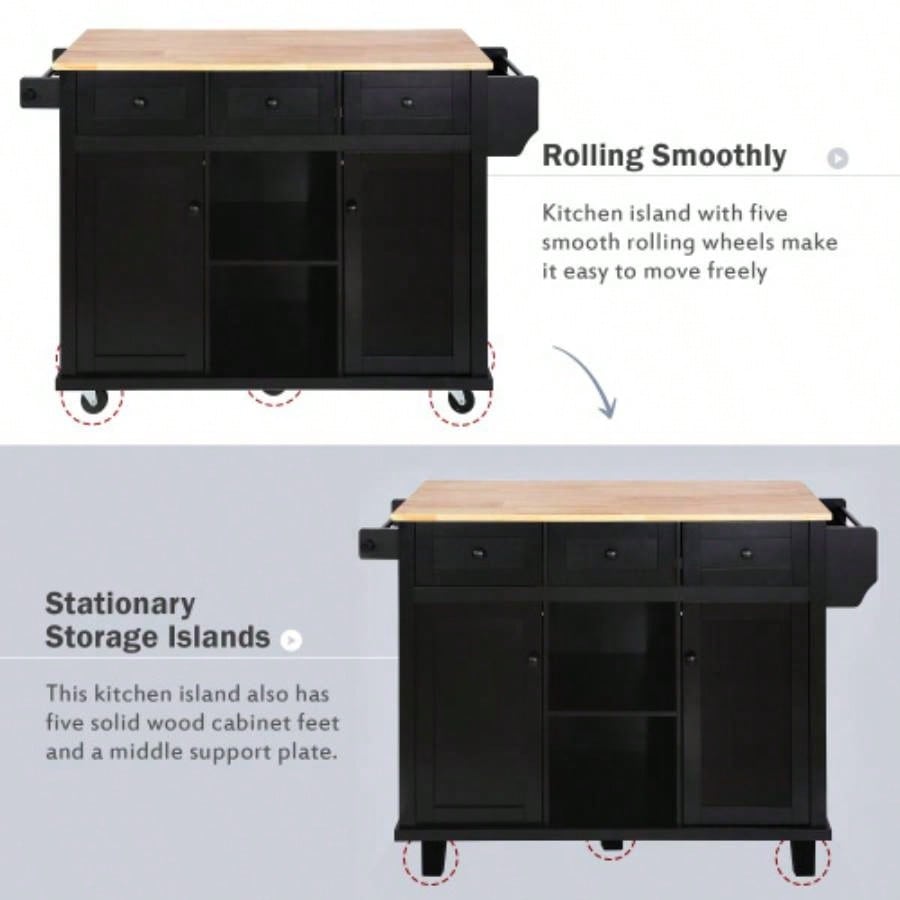 Kitchen Cart with Rubber wood Drop - Leaf Countertop, Cabinet door internal storage racks, Kitchen Island on 5 Wheels with Storage Cabinet and 3 Drawers Dinning Room, Black