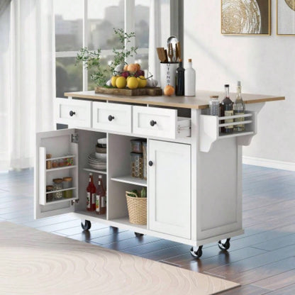 Kitchen Cart with Rubber wood Drop - Leaf Countertop, Cabinet door internal storage racks, Kitchen Island on 5 Wheels with Storage Cabinet and 3 Drawers Dinning Room, White