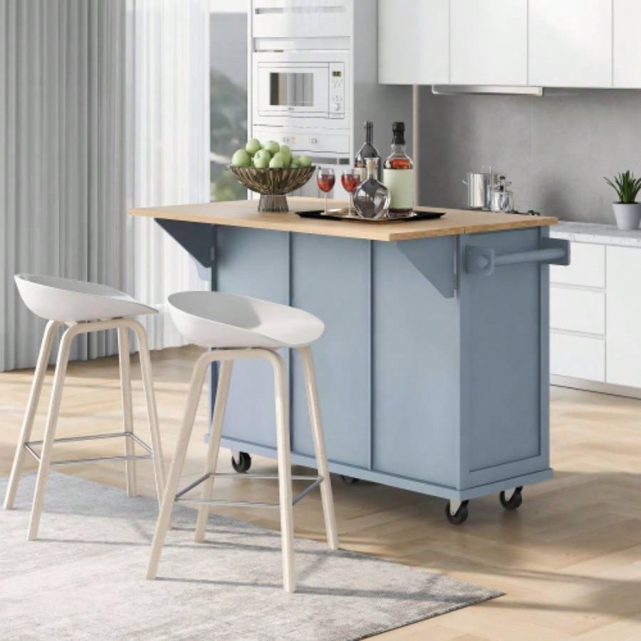 Kitchen Cart with Rubber wood Drop - Leaf Countertop, Cabinet door internal storage racks, Kitchen Island on 5 Wheels with Storage Cabinet and 3 Drawers Dinning Room, Blue