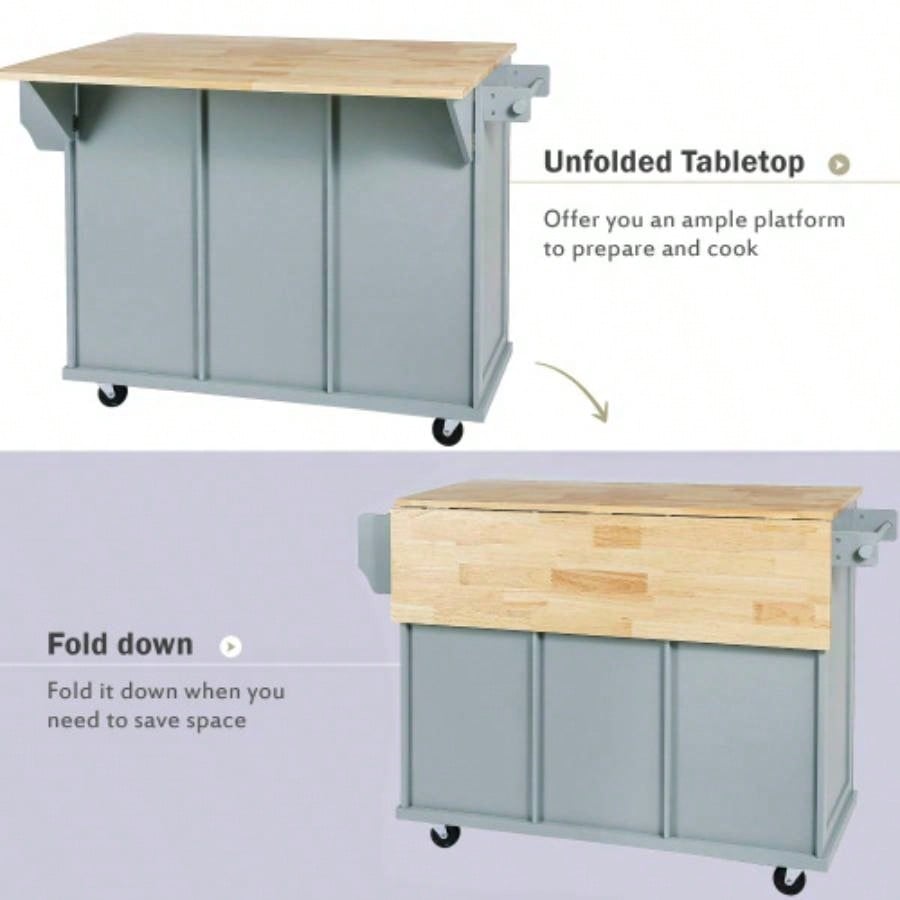 Kitchen Cart with Rubber wood Drop - Leaf Countertop, Cabinet door internal storage racks, Kitchen Island on 5 Wheels with Storage Cabinet and 3 Drawers Dinning Room, Blue