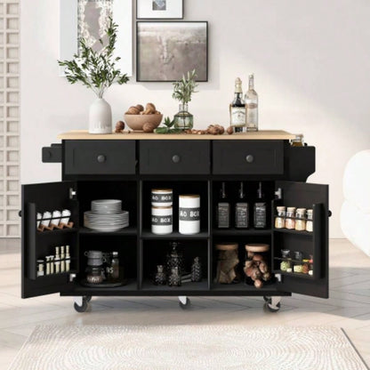 Kitchen Cart with Rubber wood Drop - Leaf Countertop, Cabinet door internal storage racks, Kitchen Island on 5 Wheels with Storage Cabinet and 3 Drawers Dinning Room, Black