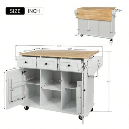Kitchen Cart with Rubber wood Drop - Leaf Countertop, Cabinet door internal storage racks, Kitchen Island on 5 Wheels with Storage Cabinet and 3 Drawers Dinning Room, White